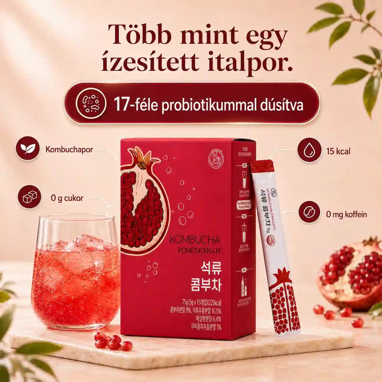 Több mint egy ízesített italpor: 17-féle probiotikummal dúsítva, 0 g cukor, 15 kcal, 0 mg koffein